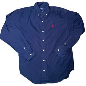 Ralph Lauren boys Embroidered Logo Navy Blue Down dress Shirt sz medium preppy
